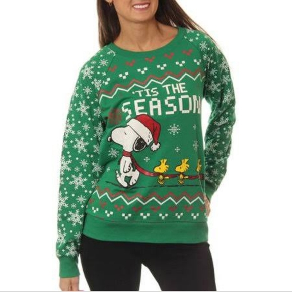 Peanuts Christmas Sweater Snoopy and Bird Friends Green Size Medium 7-9